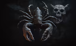 a creepy figure with scary hands reaching out towards a skull