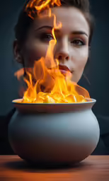 a woman wearing makeup looks at something in a pot