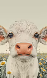 a cow with a large brown nose stands in a field full of daisies