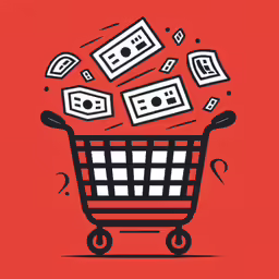 a shopping cart with dollar bills flying from the front