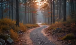 the sun shining in a foggy dark forest