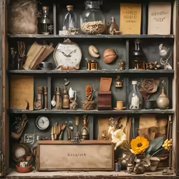 an open bookcase has various objects and antiques on it