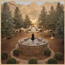 a woman is standing at a well surrounded by trees and shrubs