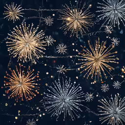a cluster of fireworks exploding at the camera