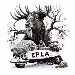 a drawing of an animal riding on a motorcycle with trees behind it