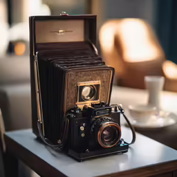 an old camera sitting on a table with a glass next to it