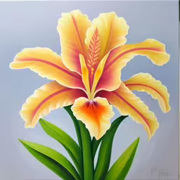 a painting of a flower in a clear vase,a painting of a yellow flower and green leaves on a grey background,a flower is displayed in a painting,a picture of a yellow flower is painted on a canvas,there is a large yellow flower with green leaves