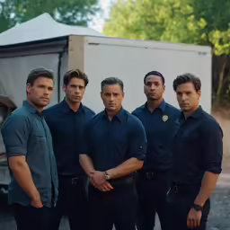 a group of men pose for a picture in front of a tent