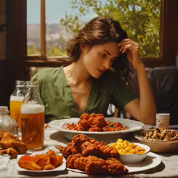 a woman with a plate of food in front of her,there is a woman sitting at a table filled with food