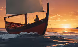 the sailboat is moving through the water as the sun sets,a person riding on top of a boat in the ocean