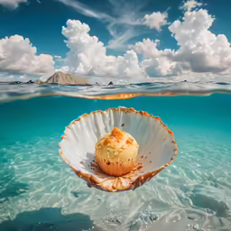 an orange pastry on a white shell in the ocean