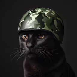 a black cat wearing a camo helmet on its head