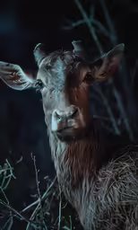 an animal with very long horns standing near grass