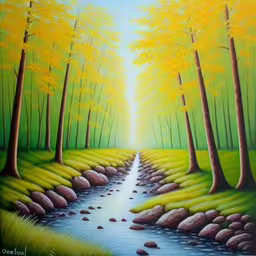 an oil painting of a stream running through a green forest,a painting of a stream running through a wooded area,an oil painting of a forest with water,a painting depicting a stream flowing through a forest,painting of trees with rocks by the stream and blue sky