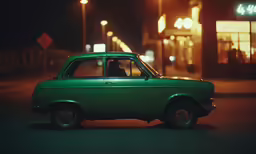 a green car is in front of the building at night