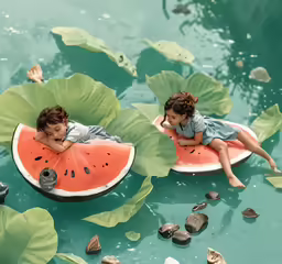 two children on boats floating on a lake with watermelon