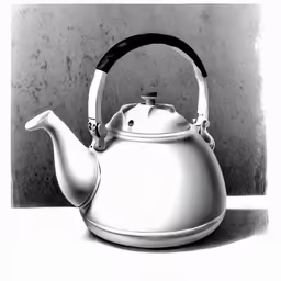 a white tea kettle with a black handle