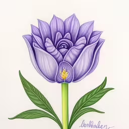 a drawing of a flower with leaves,a drawing of a large blue flower with leaves on a white background