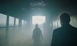 a man walking through a foggy tunnel with people standing nearby