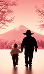 a man and baby are walking under a pink sky