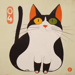 an art print of a cat with big yellow eyes