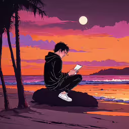 a man is sitting on a rocky beach,an anime sitting on the beach under a full moon