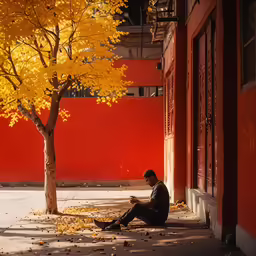 a person sits on the ground with leaves