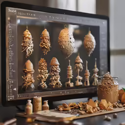 a computer screen with carved wooden objects sitting on a desk