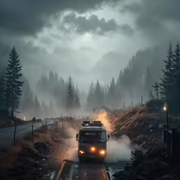 a large bus driving on a foggy road