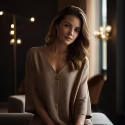 a woman in a beige shirt is sitting at a table