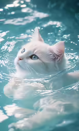 a white cat swims in blue water, looking ahead