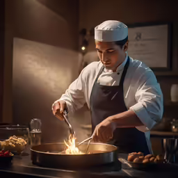 a chef is cooking at his stove, with a lit fire