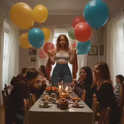 woman in skirt surrounded by balloons, candles and birthday foods