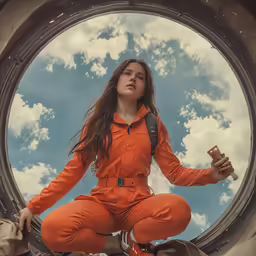 a woman wearing an orange suit is sitting on top of a round window