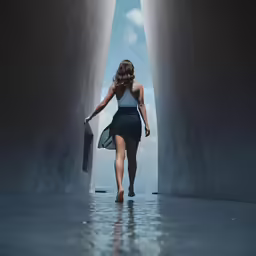 woman walking down sidewalk through cement and concrete archways