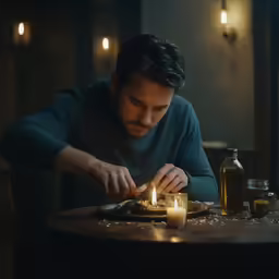 a man with his eyes closed is eating at a table
