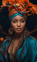 woman with large flowers on her head and jewelry