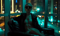 a man with a jacket and sunglasses on sitting in front of a window