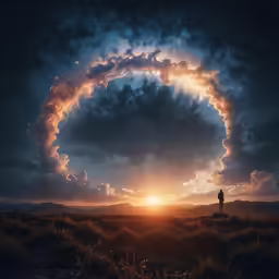 a silhouette of a person in the distance with the sun coming up