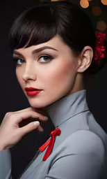 a woman with a red bow tie looking directly at the camera
