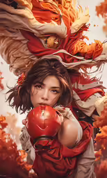 a woman wearing a red boxing gloves while holding a red ball