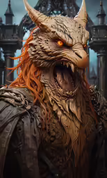 a man dressed up like a demon with orange eyes and fur on his head