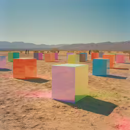 many colored blocks are in the middle of a desert,there are many colorful boxes in the desert