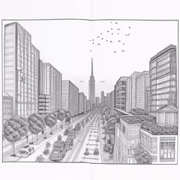penciled drawing of a city street and trees,a sketch of a large city that has birds flying overhead,a pencil drawing of an urban landscape with tall buildings,an open book with drawing in the middle,a drawing of a street scene in an open book