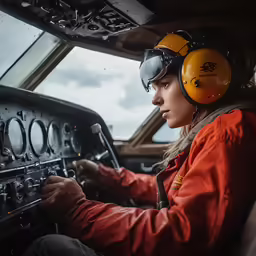 a young woman is in an airplane with a yellow helmet