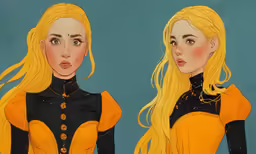 two images of blonde haired women in black and yellow clothes
