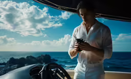 a person standing next to a boat holding a camera