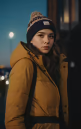 a girl in a yellow jacket stands in the snow wearing a hat and a furry beanie