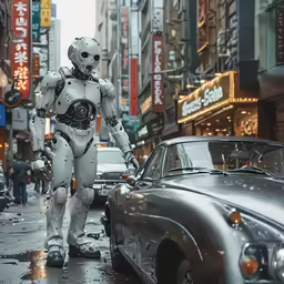 a robot walking down the street with a person next to it