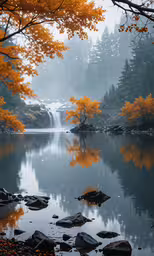 some rocks water orange trees and a waterfall